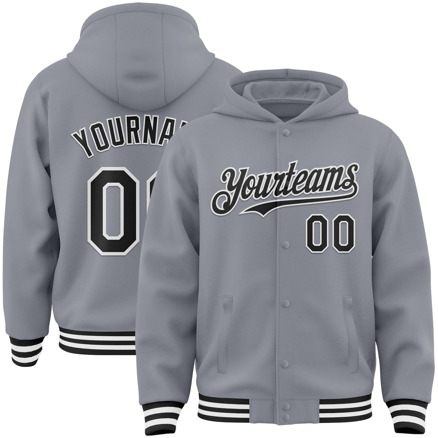 Custom Gray Black-White Bomber Full-Snap Varsity Letterman Hoodie Jacket - Main View