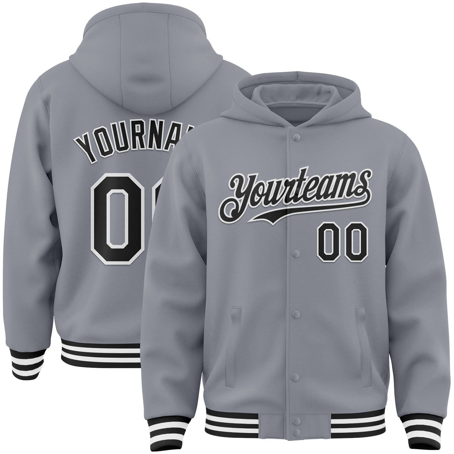 Custom Gray Black-White Bomber Full-Snap Varsity Letterman Hoodie Jacket - Main View