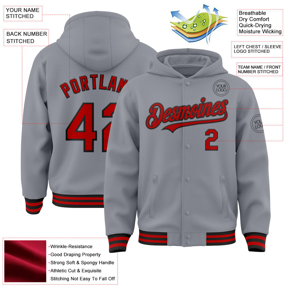 Custom Gray Red-Black Bomber Full-Snap Varsity Letterman Hoodie Jacket view 3