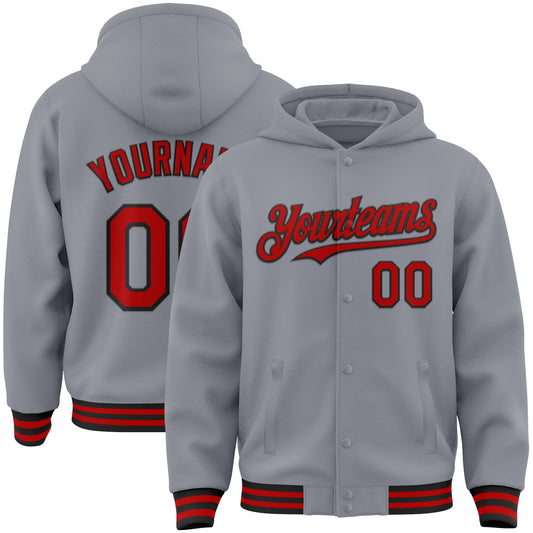Custom Gray Red-Black Bomber Full-Snap Varsity Letterman Hoodie Jacket - Main View