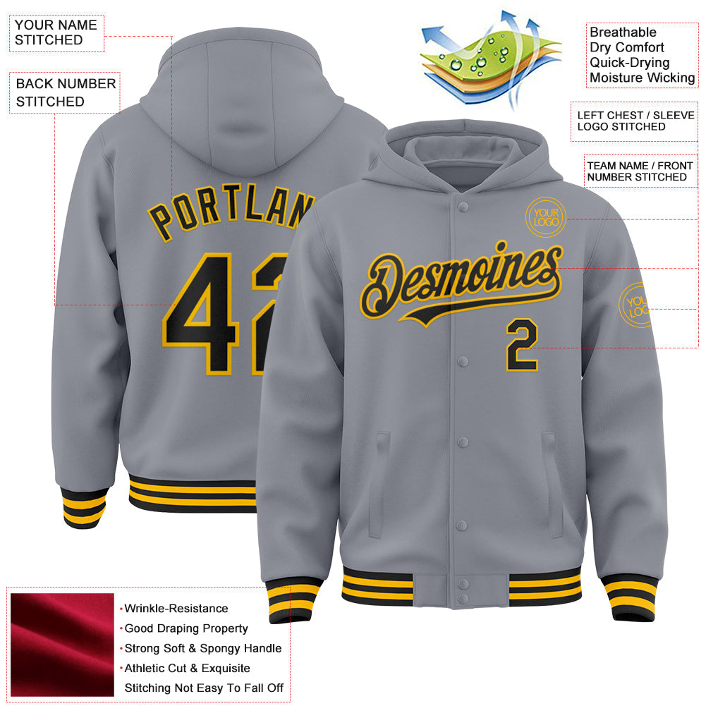 Custom Gray Black-Gold Bomber Full-Snap Varsity Letterman Hoodie Jacket view 3