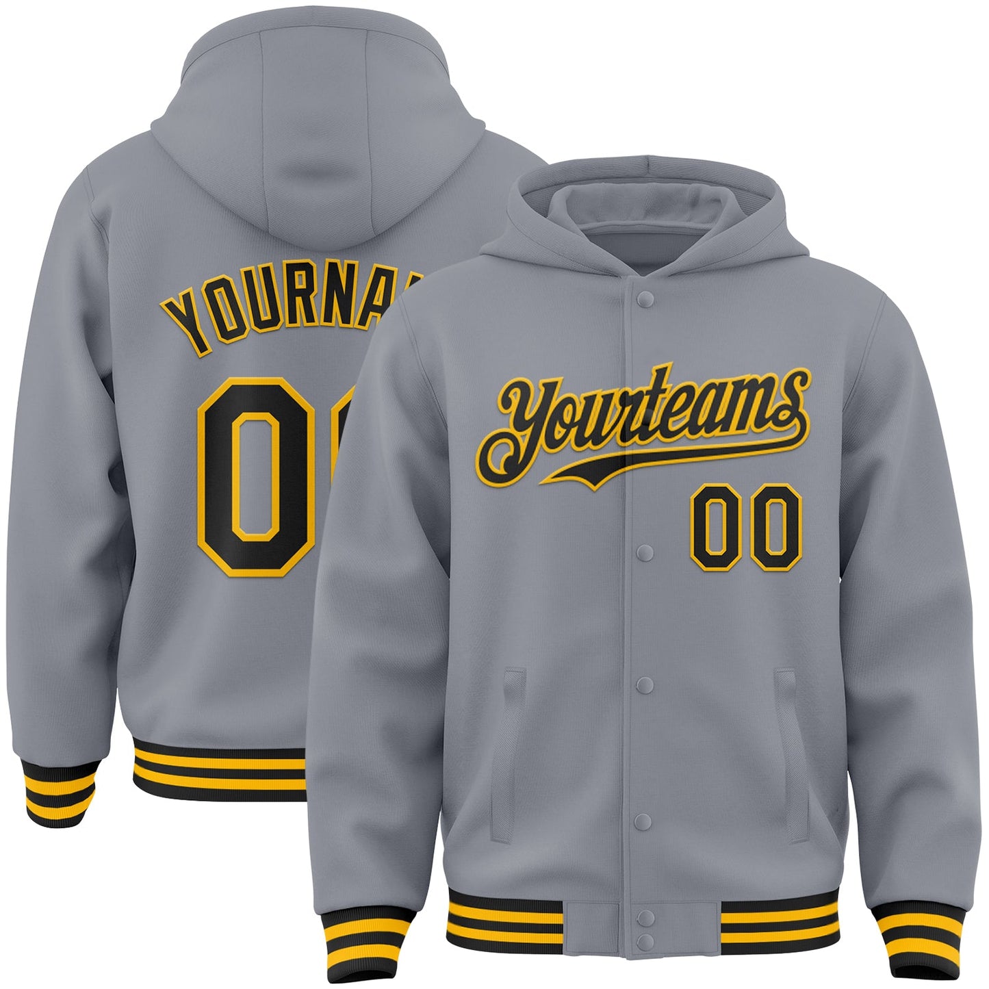 Custom Gray Black-Gold Bomber Full-Snap Varsity Letterman Hoodie Jacket - Main View