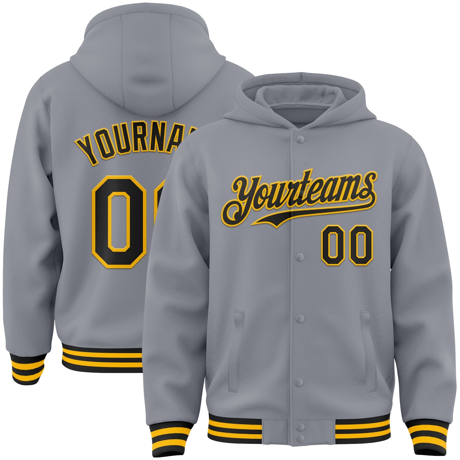 Custom Gray Black-Gold Bomber Full-Snap Varsity Letterman Hoodie Jacket - Main View