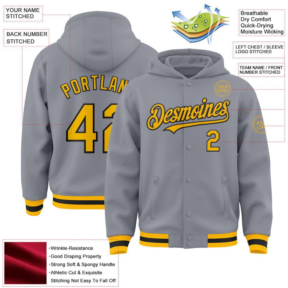 Custom Gray Gold-Black Bomber Full-Snap Varsity Letterman Hoodie Jacket view 3