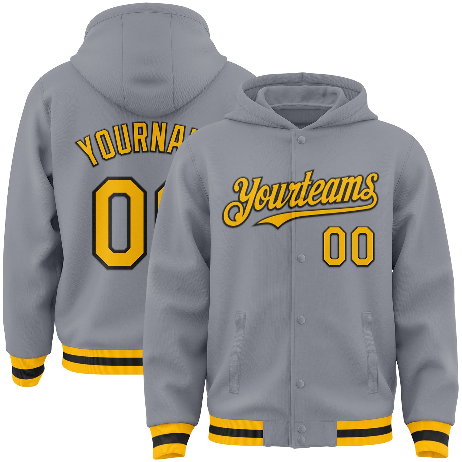 Custom Gray Gold-Black Bomber Full-Snap Varsity Letterman Hoodie Jacket - Main View