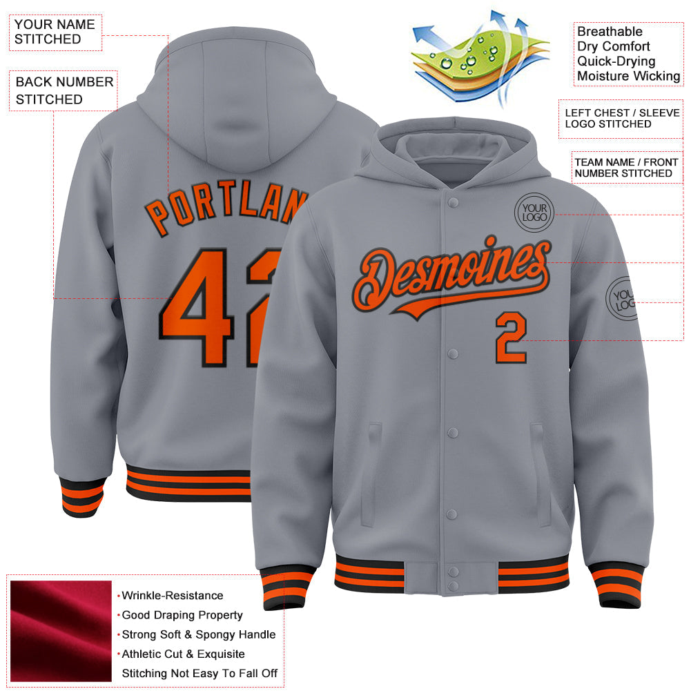 Custom Gray Orange-Black Bomber Full-Snap Varsity Letterman Hoodie Jacket view 3