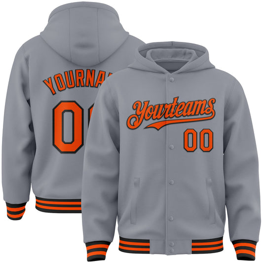 Custom Gray Orange-Black Bomber Full-Snap Varsity Letterman Hoodie Jacket - Main View