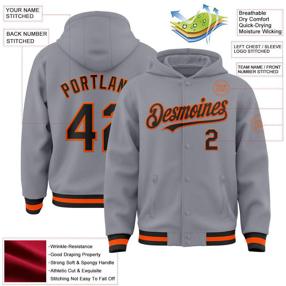 Custom Gray Black-Orange Bomber Full-Snap Varsity Letterman Hoodie Jacket view 3