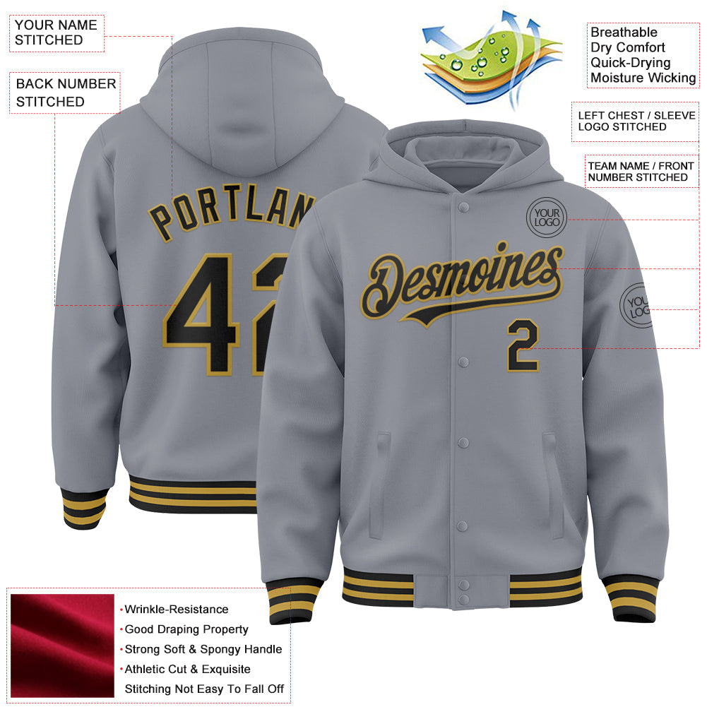 Custom Gray Black-Old Gold Bomber Full-Snap Varsity Letterman Hoodie Jacket view 3