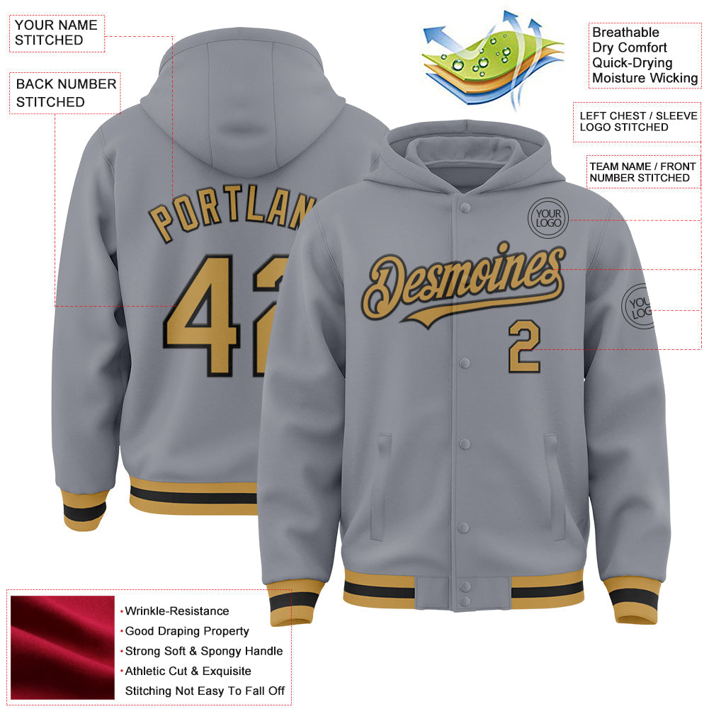 Custom Gray Old Gold-Black Bomber Full-Snap Varsity Letterman Hoodie Jacket view 3