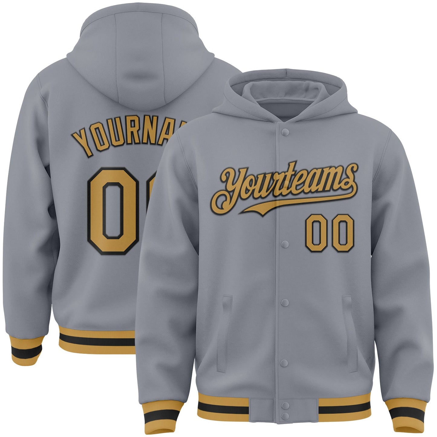 Custom Gray Old Gold-Black Bomber Full-Snap Varsity Letterman Hoodie Jacket - Main View