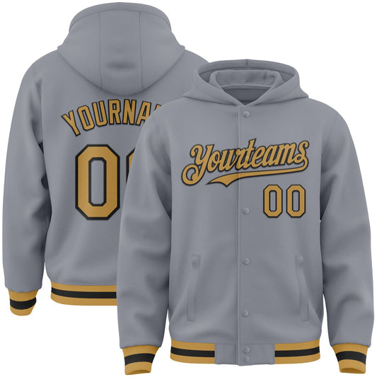 Custom Gray Old Gold-Black Bomber Full-Snap Varsity Letterman Hoodie Jacket - Main View