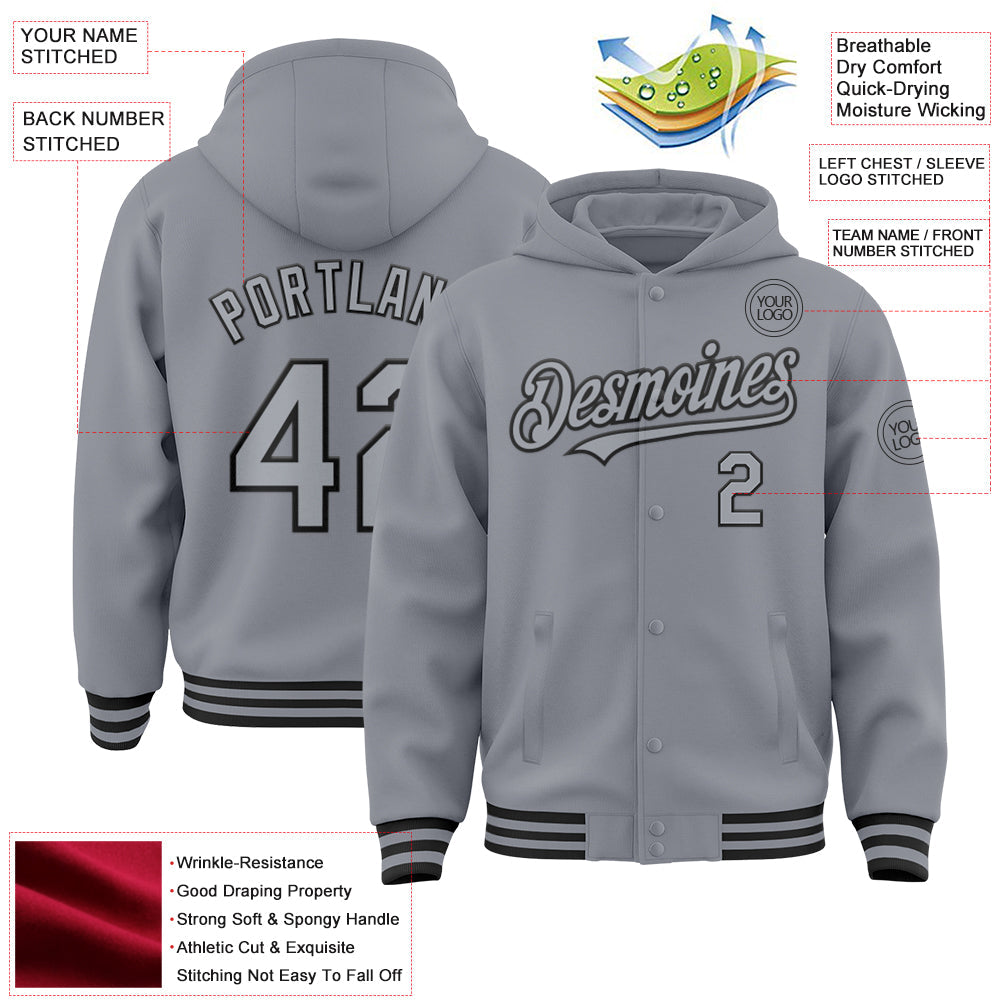 Custom Gray Black Bomber Full-Snap Varsity Letterman Hoodie Jacket view 3
