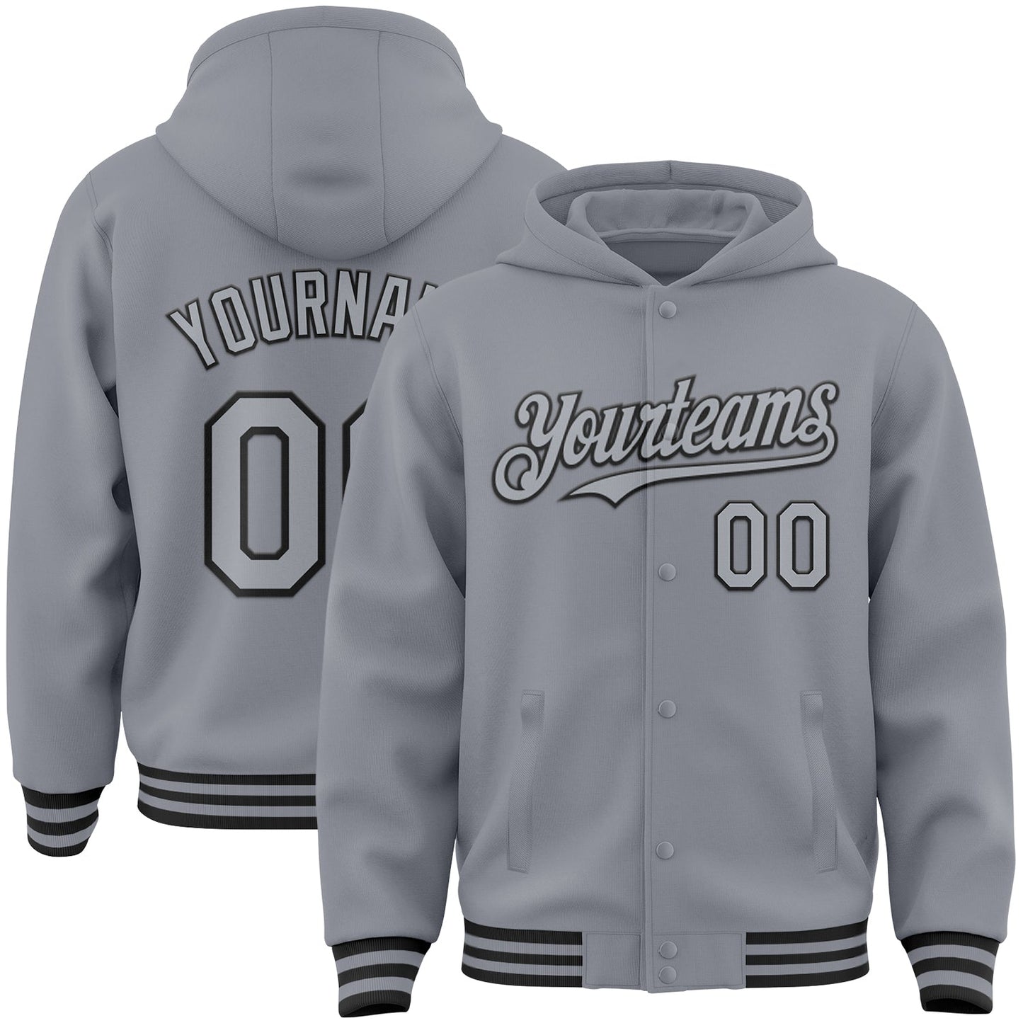 Custom Gray Black Bomber Full-Snap Varsity Letterman Hoodie Jacket - Main View