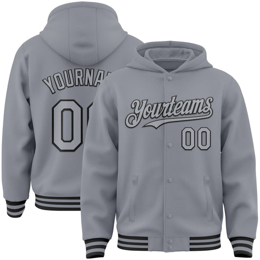 Custom Gray Black Bomber Full-Snap Varsity Letterman Hoodie Jacket - Main View