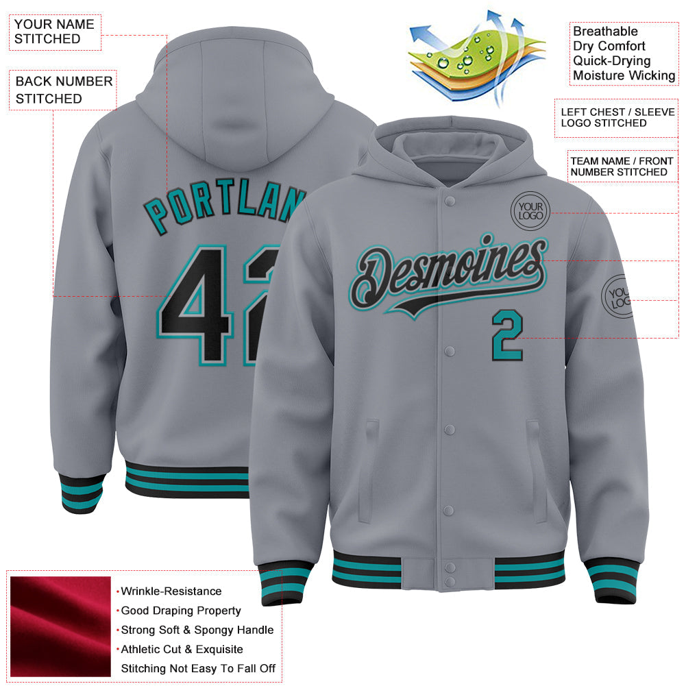 Custom Gray Black-Teal Bomber Full-Snap Varsity Letterman Hoodie Jacket view 3