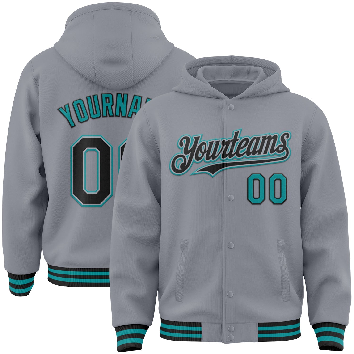 Custom Gray Black-Teal Bomber Full-Snap Varsity Letterman Hoodie Jacket - Main View