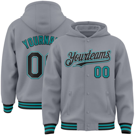 Custom Gray Black-Teal Bomber Full-Snap Varsity Letterman Hoodie Jacket - Main View