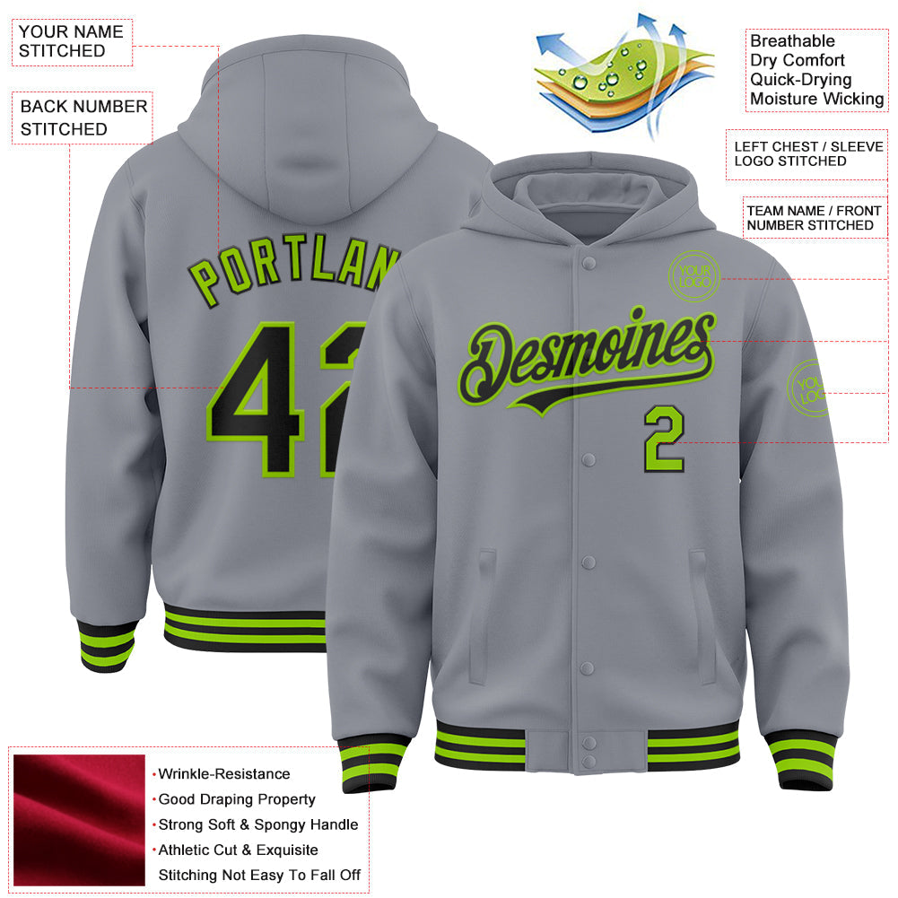 Custom Gray Black-Neon Green Bomber Full-Snap Varsity Letterman Hoodie Jacket view 3