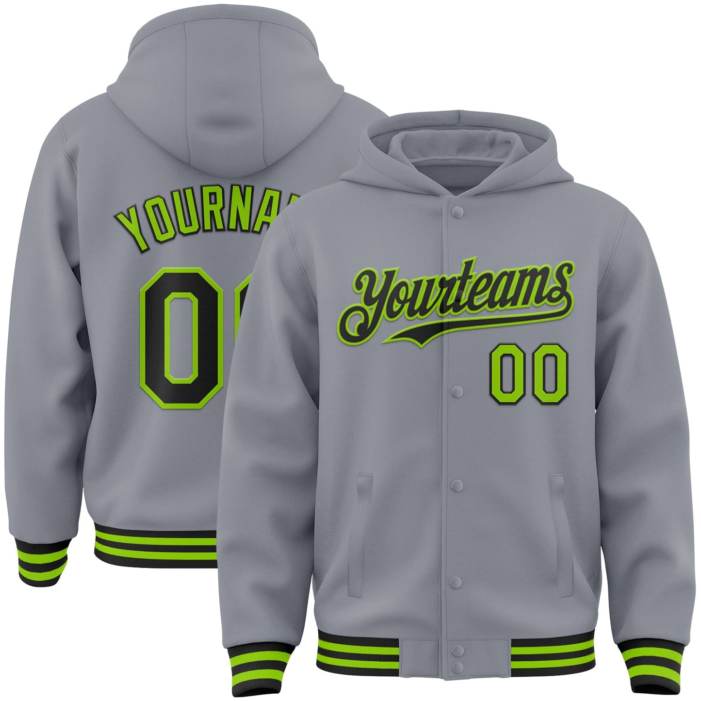 Custom Gray Black-Neon Green Bomber Full-Snap Varsity Letterman Hoodie Jacket - Main View