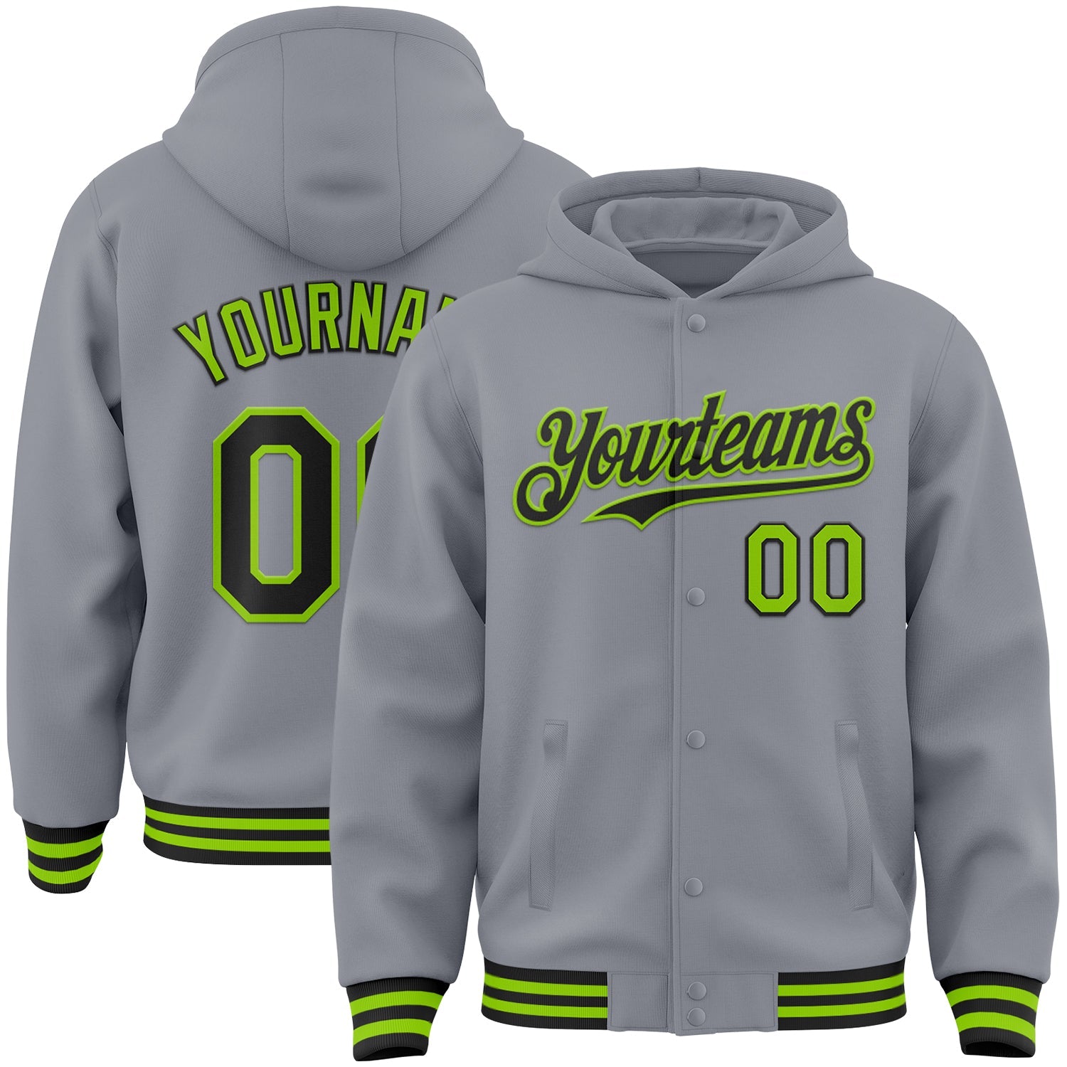 Custom Gray Black-Neon Green Bomber Full-Snap Varsity Letterman Hoodie Jacket - Main View