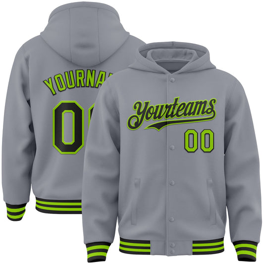 Custom Gray Black-Neon Green Bomber Full-Snap Varsity Letterman Hoodie Jacket - Main View
