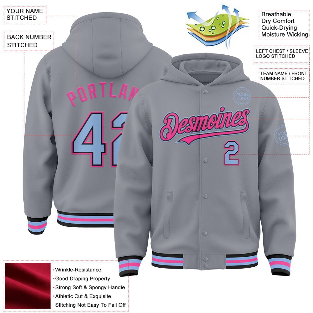 Custom Gray Light Blue Black-Pink Bomber Full-Snap Varsity Letterman Hoodie Jacket view 3