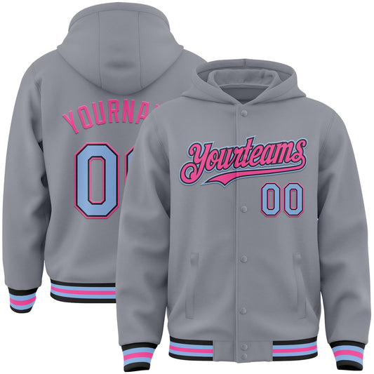 Custom Gray Light Blue Black-Pink Bomber Full-Snap Varsity Letterman Hoodie Jacket - Main View