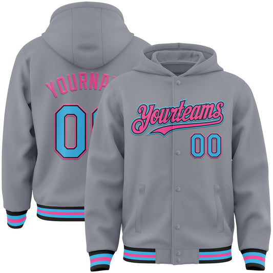 Custom Gray Sky Blue Black-Pink Bomber Full-Snap Varsity Letterman Hoodie Jacket - Main View