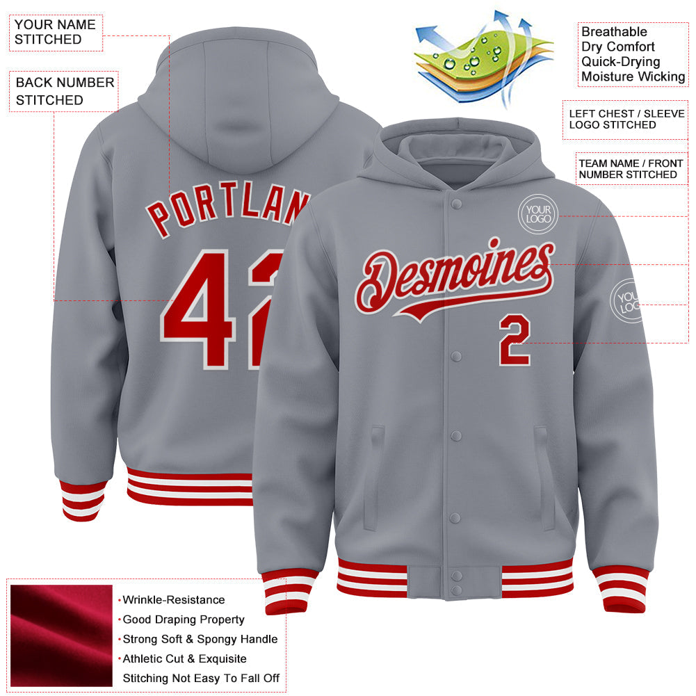 Custom Gray Red-White Bomber Full-Snap Varsity Letterman Hoodie Jacket view 3