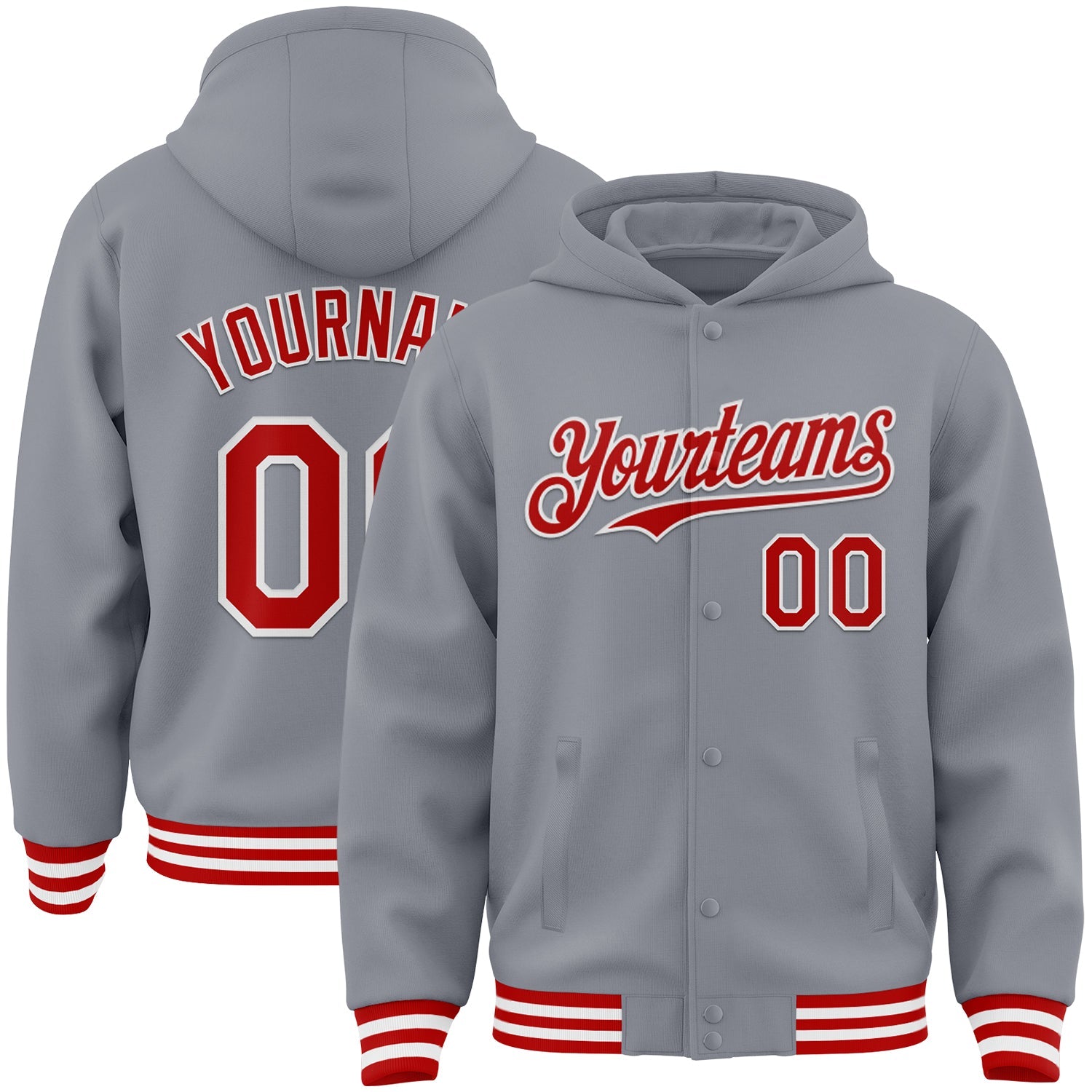 Custom Gray Red-White Bomber Full-Snap Varsity Letterman Hoodie Jacket - Main View