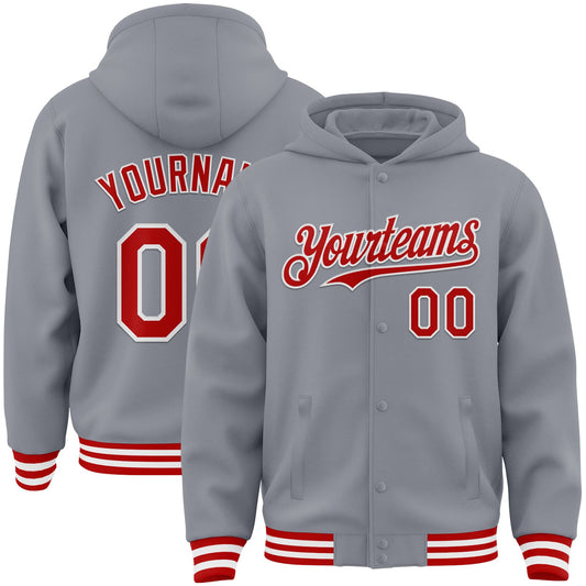 Custom Gray Red-White Bomber Full-Snap Varsity Letterman Hoodie Jacket - Main View
