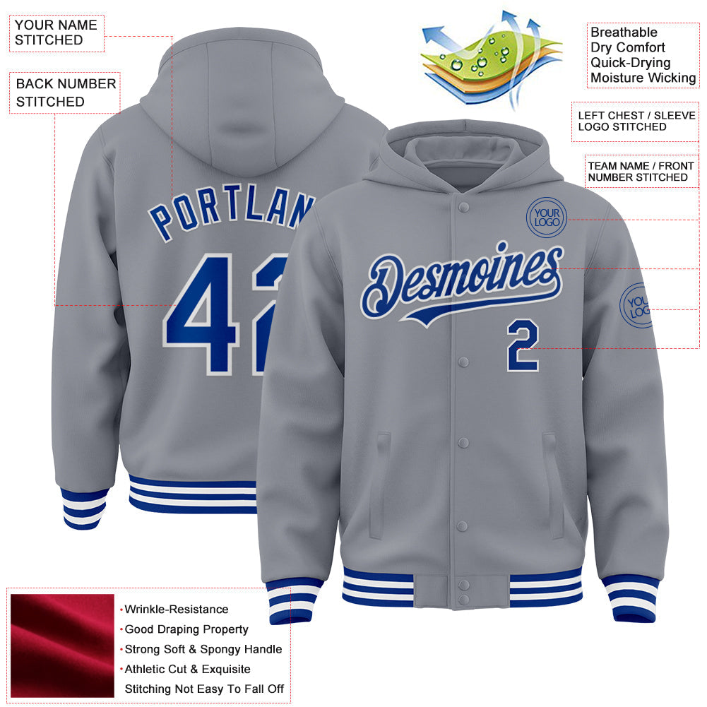 Custom Gray Royal-White Bomber Full-Snap Varsity Letterman Hoodie Jacket view 3