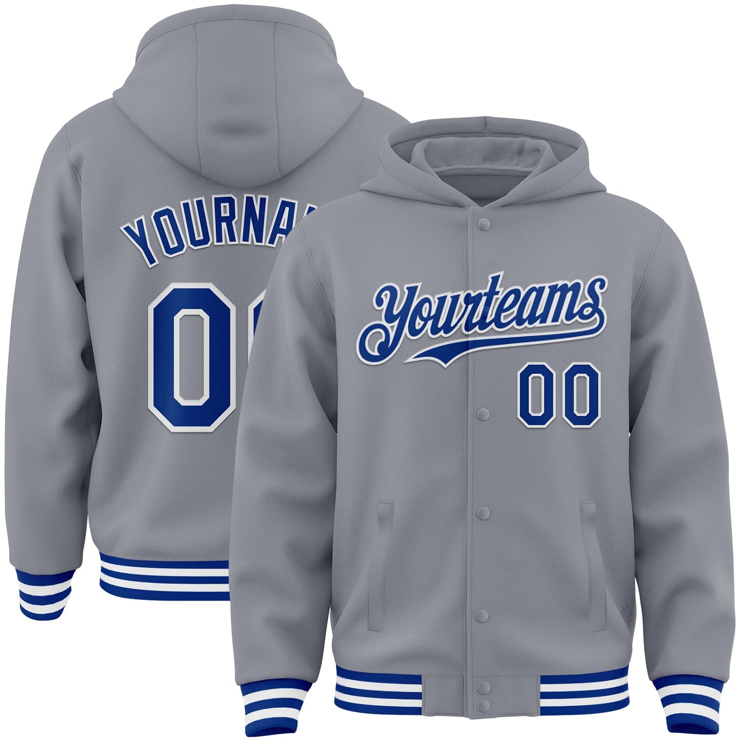 Custom Gray Royal-White Bomber Full-Snap Varsity Letterman Hoodie Jacket - Main View