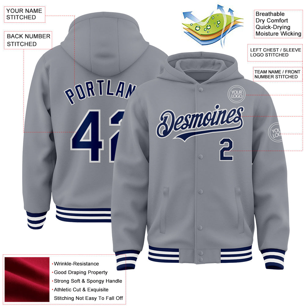 Custom Gray Navy-White Bomber Full-Snap Varsity Letterman Hoodie Jacket view 3