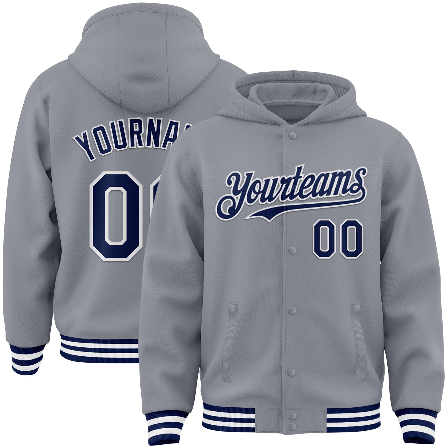 Custom Gray Navy-White Bomber Full-Snap Varsity Letterman Hoodie Jacket - Main View