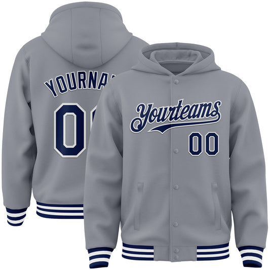 Custom Gray Navy-White Bomber Full-Snap Varsity Letterman Hoodie Jacket - Main View