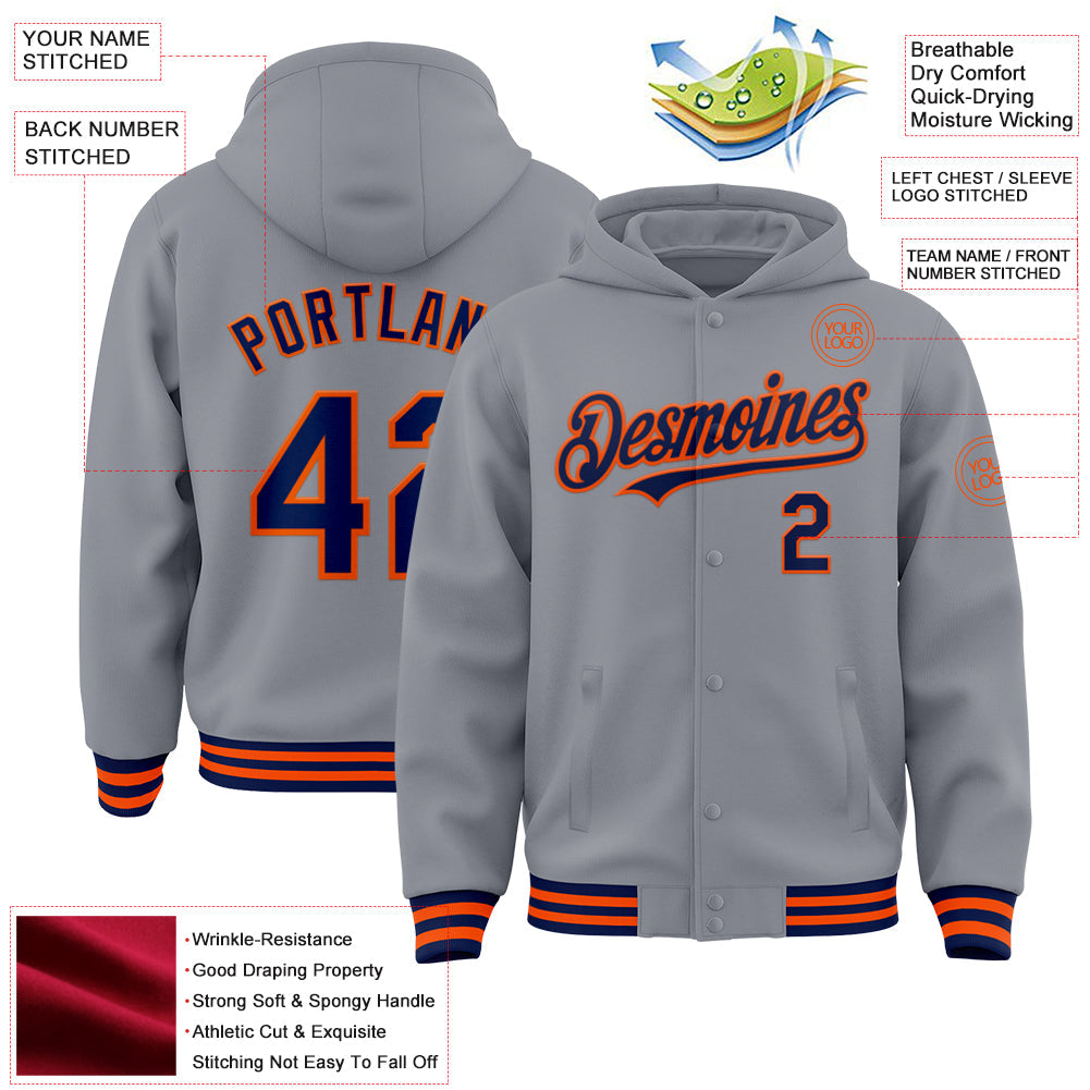 Custom Gray Navy-Orange Bomber Full-Snap Varsity Letterman Hoodie Jacket view 3