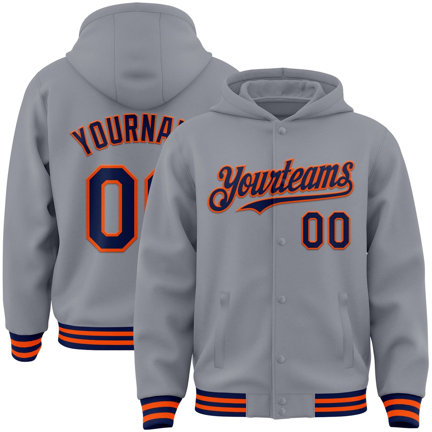 Custom Gray Navy-Orange Bomber Full-Snap Varsity Letterman Hoodie Jacket - Main View