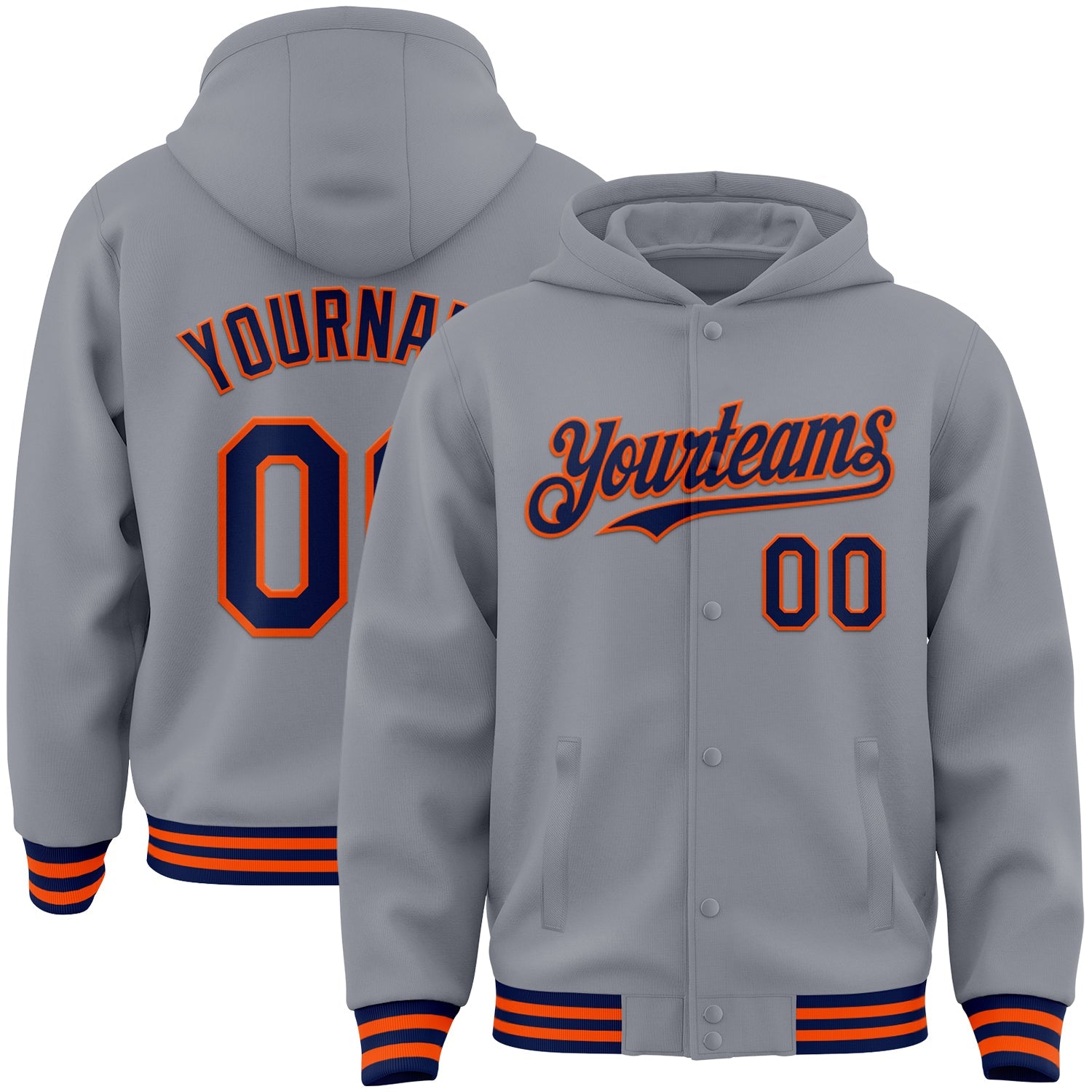 Custom Gray Navy-Orange Bomber Full-Snap Varsity Letterman Hoodie Jacket - Main View