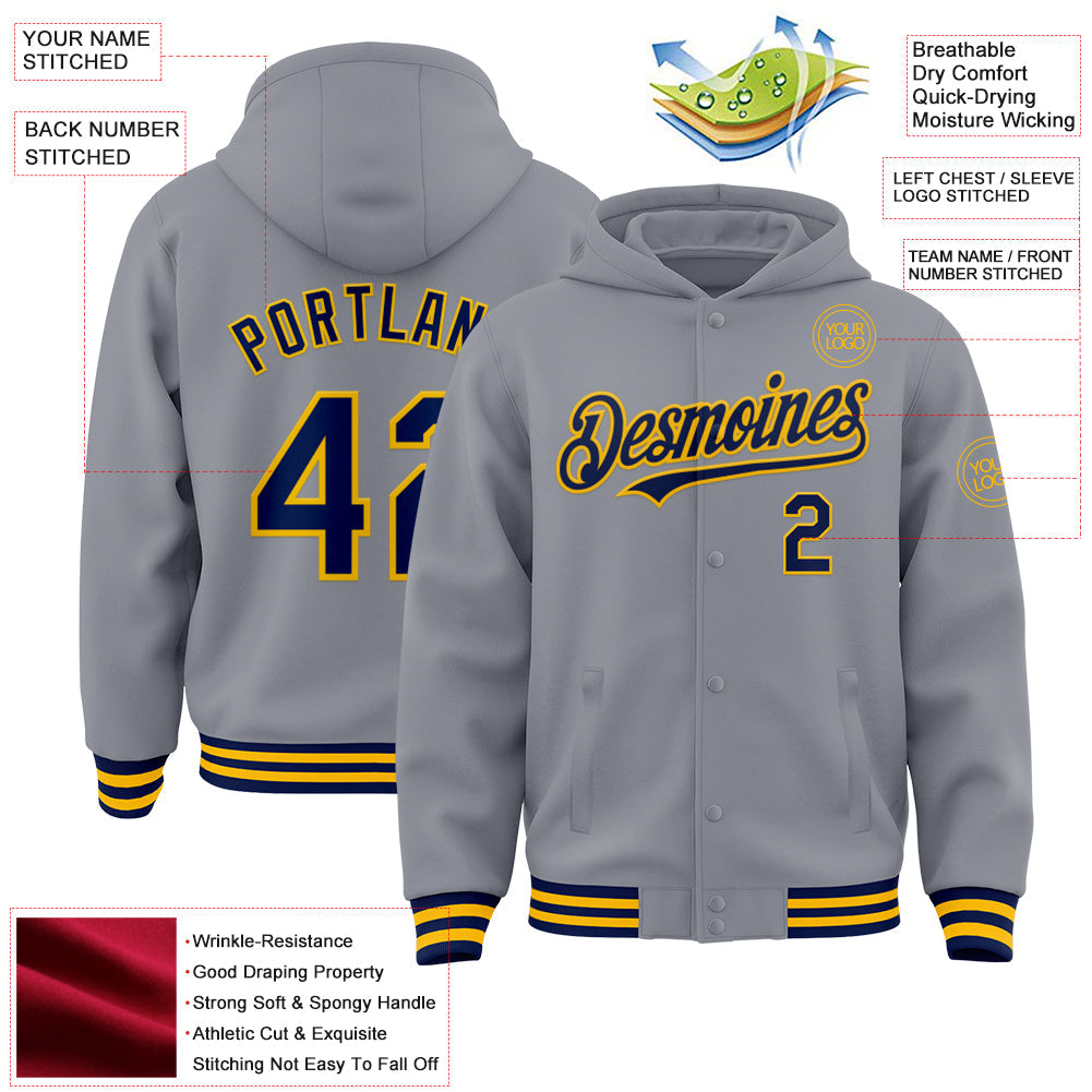 Custom Gray Navy-Gold Bomber Full-Snap Varsity Letterman Hoodie Jacket view 3