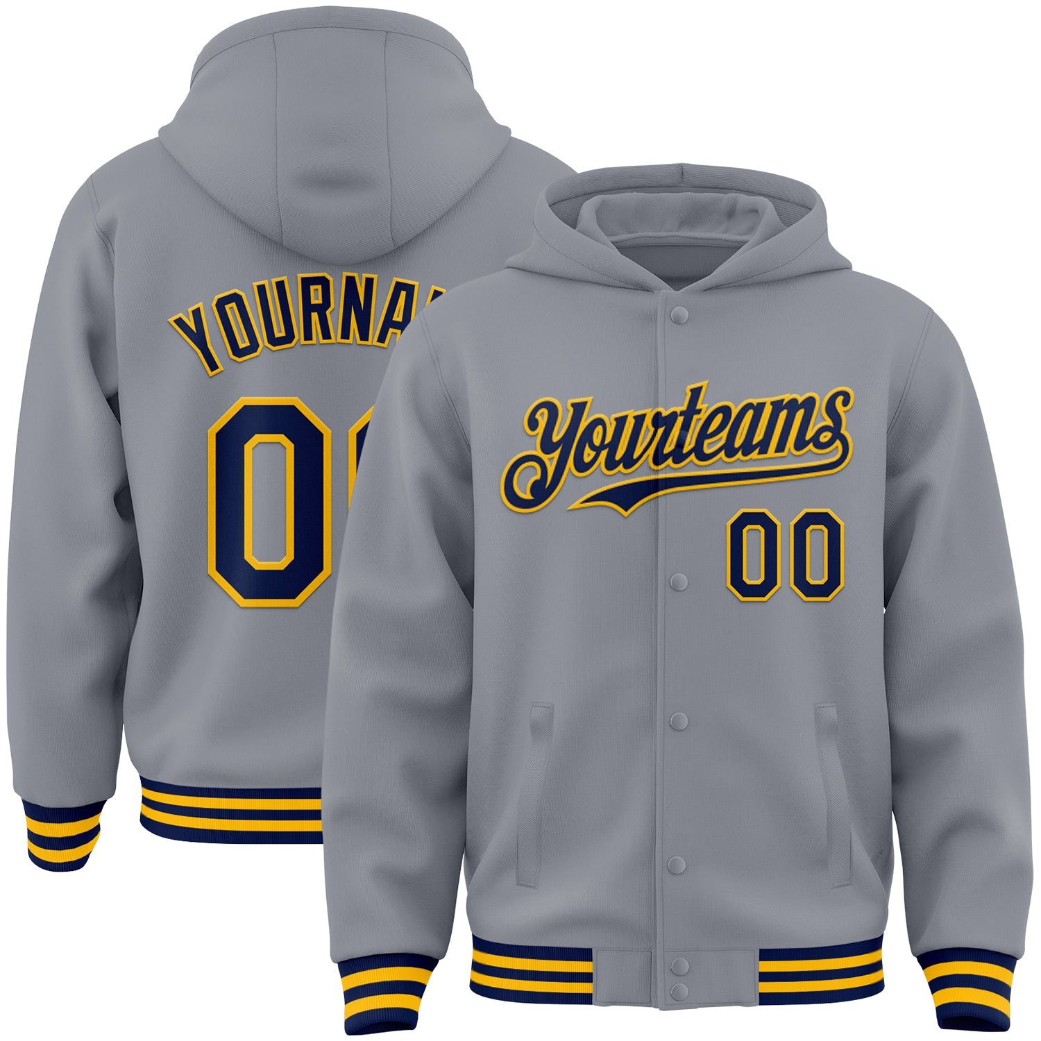 Custom Gray Navy-Gold Bomber Full-Snap Varsity Letterman Hoodie Jacket - Main View
