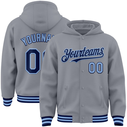 Custom Gray Navy-Light Blue Bomber Full-Snap Varsity Letterman Hoodie Jacket - Main View