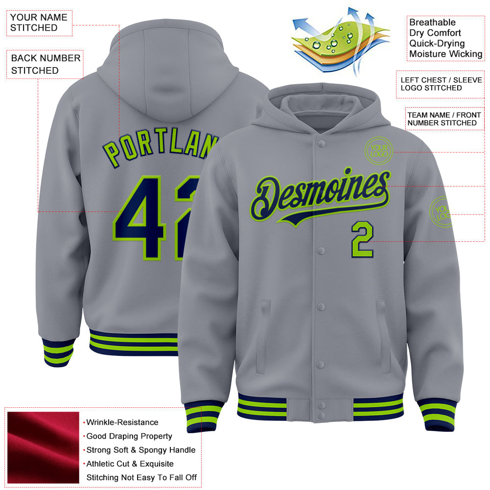 Custom Gray Navy-Neon Green Bomber Full-Snap Varsity Letterman Hoodie Jacket view 3