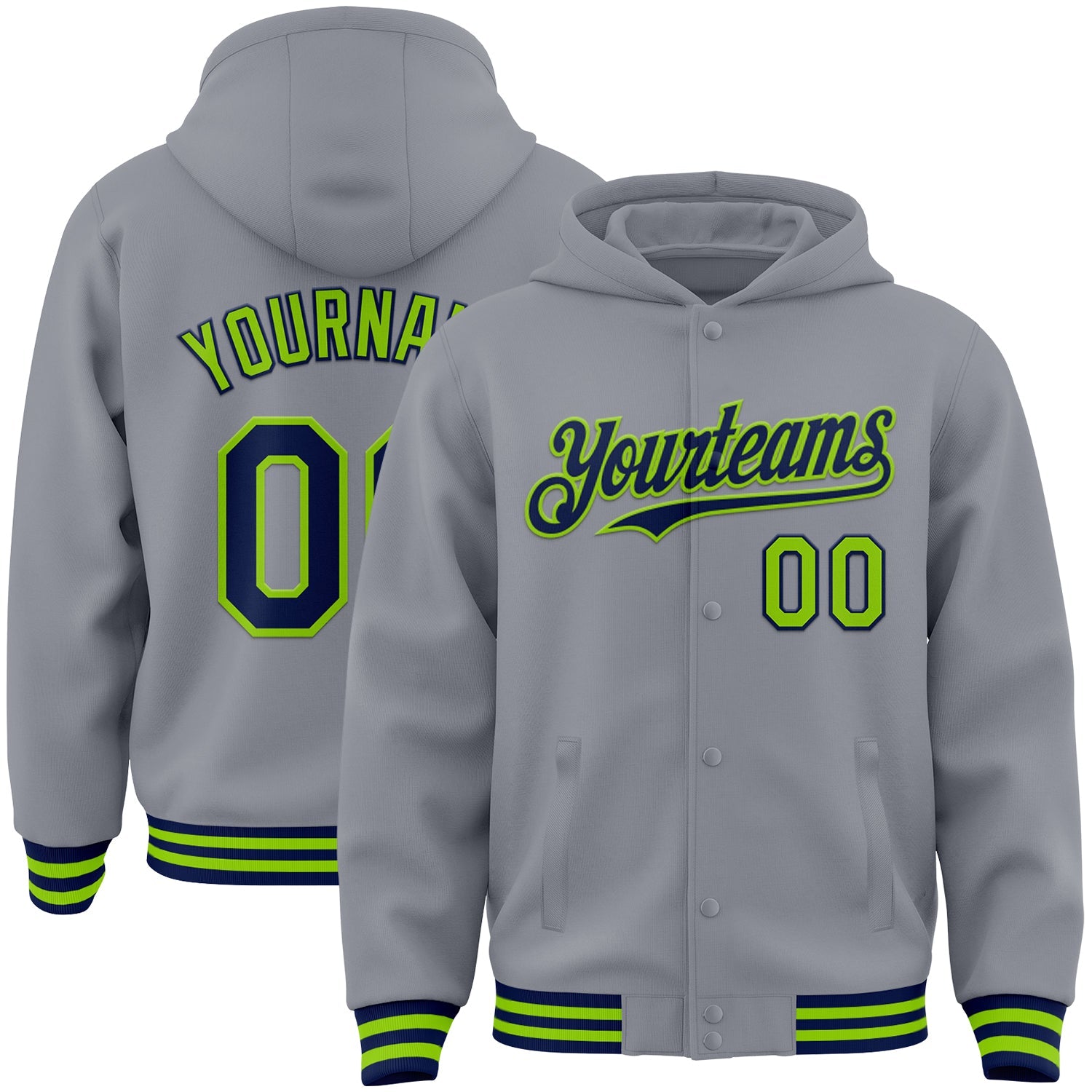 Custom Gray Navy-Neon Green Bomber Full-Snap Varsity Letterman Hoodie Jacket - Main View