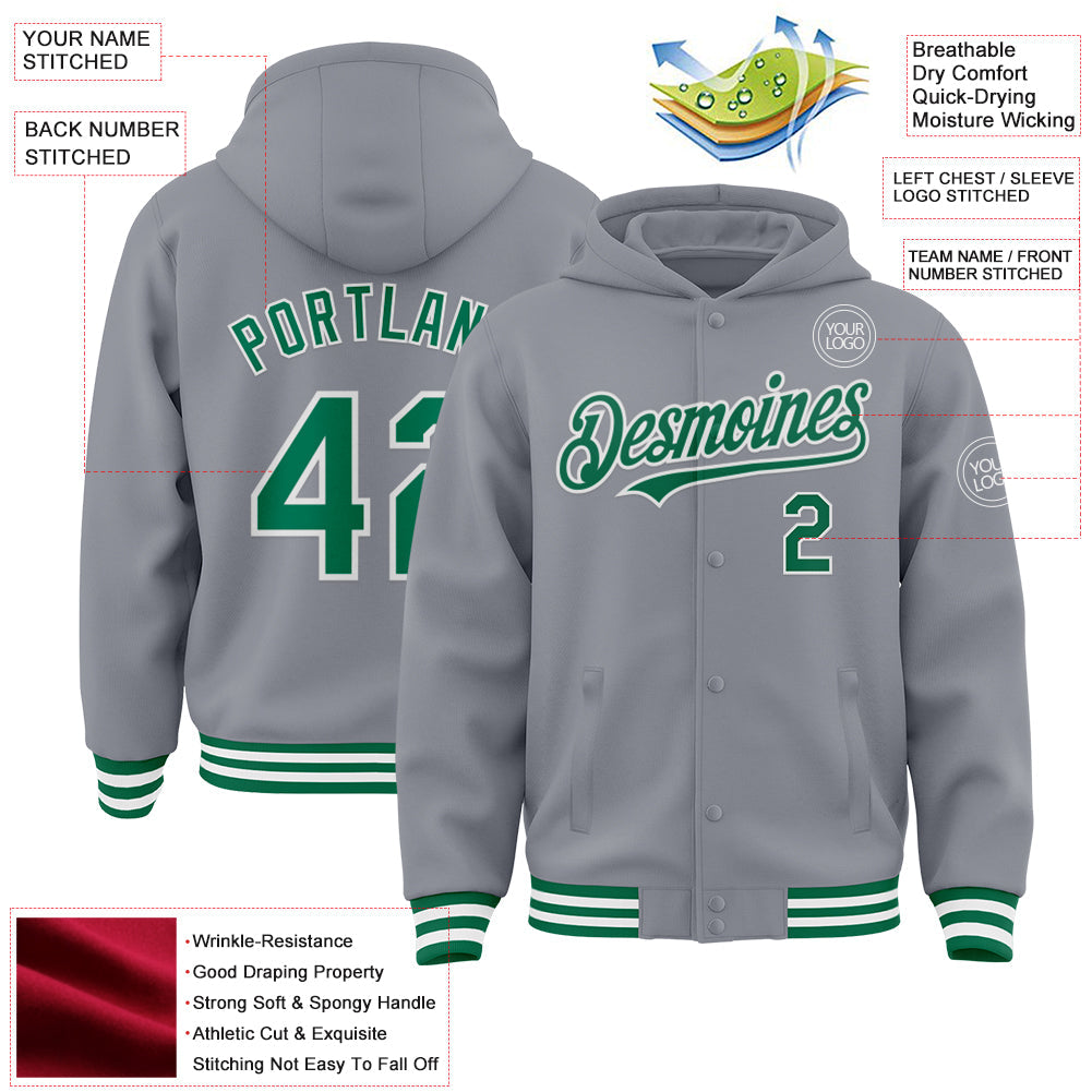 Custom Gray Kelly Green-White Bomber Full-Snap Varsity Letterman Hoodie Jacket view 3