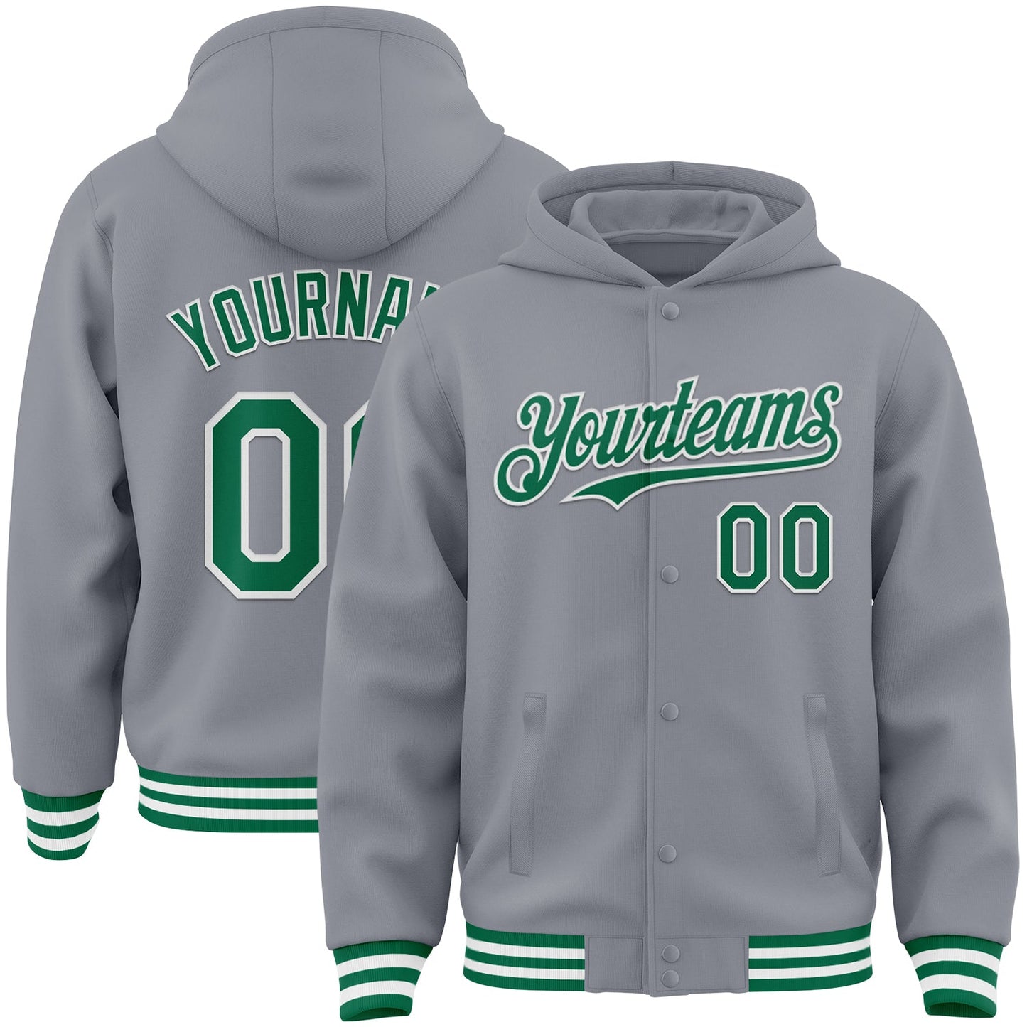 Custom Gray Kelly Green-White Bomber Full-Snap Varsity Letterman Hoodie Jacket - Main View