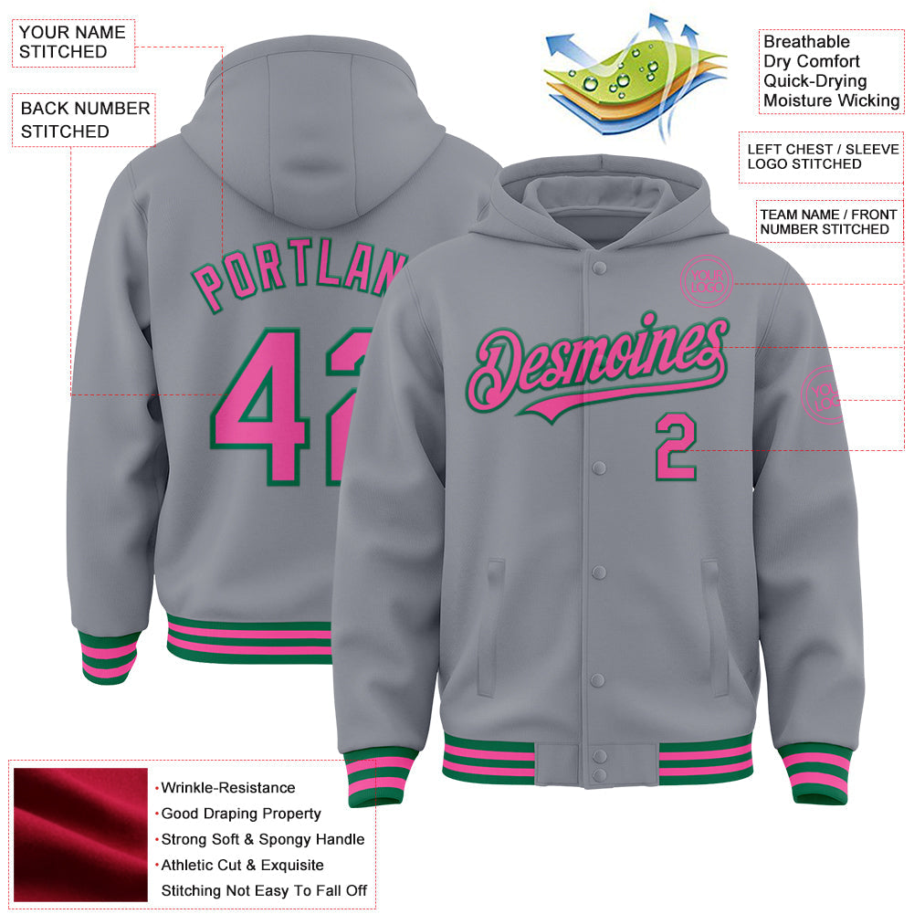 Custom Gray Pink-Kelly Green Bomber Full-Snap Varsity Letterman Hoodie Jacket view 3