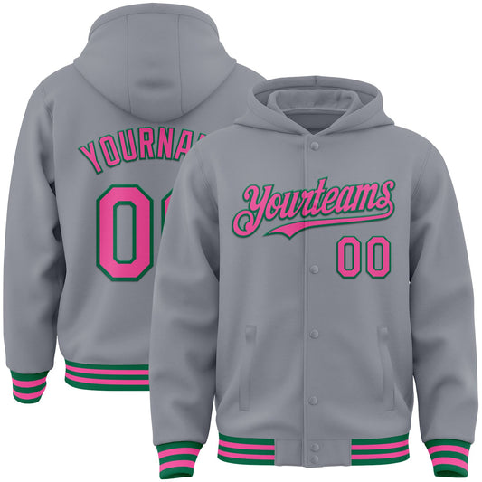 Custom Gray Pink-Kelly Green Bomber Full-Snap Varsity Letterman Hoodie Jacket - Main View