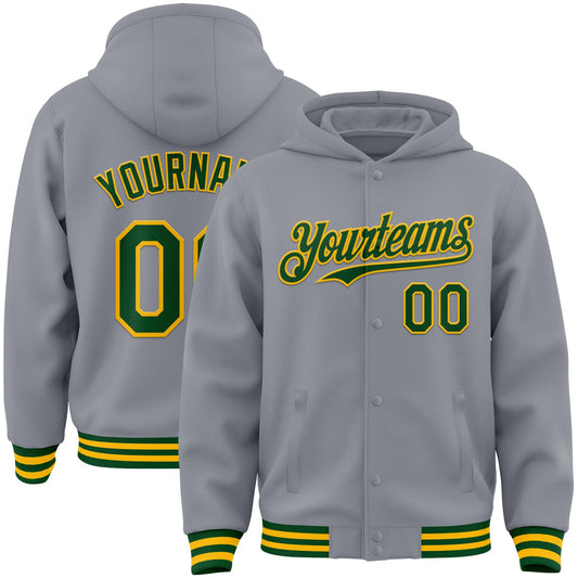 Custom Gray Green-Gold Bomber Full-Snap Varsity Letterman Hoodie Jacket - Main View